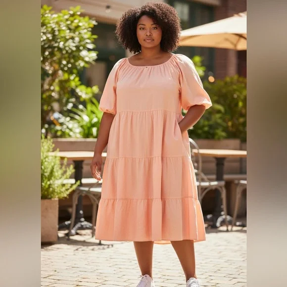 Universal Thread Peach Tiered Midi Dress with Puff Sleeves and pockets - Picture 1 of 10